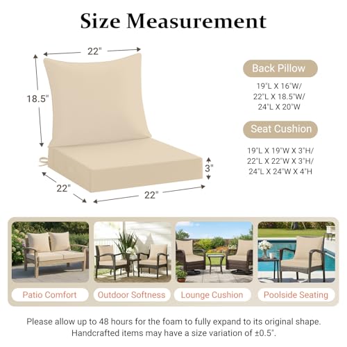 downluxe 22x22 Outdoor Chair Cushions, Waterproof Fade Resistant Patio Furniture Cushions with Handle & Removable Cover, Deep Seat Outdoor Cushions for Sofa, Couch and Patio Chairs, Beige - color: Beige, size: 22 x 22 Inch