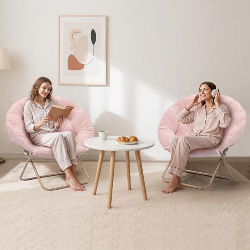MoNiBloom Round Folding Faux Fur Saucer Chair for Bedroom Living Room Dorm Foldable Metal Frame Oversized Large Comfy Furry Padded Soft Lounge Lazy Cozy Moon Chair for Adults (Pink, 2 Pieces) - color: Pink