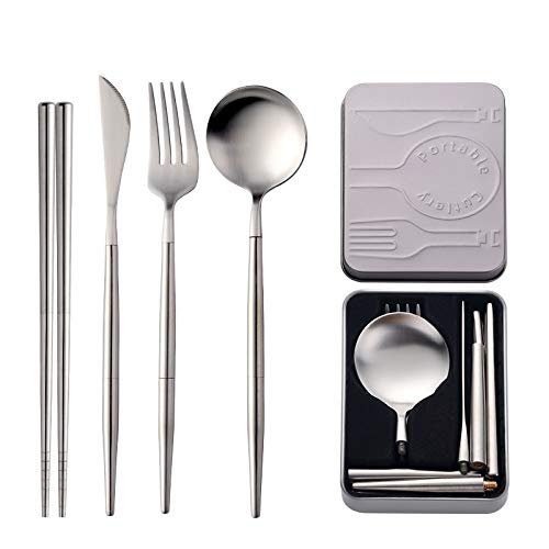 Portable & Reusable Stainless Steel Travel Cutlery Set，Folding Utensil Set with Case ，for Camping, Picnic, Office and On-The-Go (Pocket Sized Flatware Set) (Black) (silver) - color: Silver