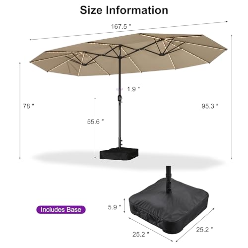 PURPLE LEAF 14ft Patio Market Umbrella with Solar LED and Base Double-Sided Rectangle Outdoor Table Sun Umbrellas with Crank for Pool Beach Deck Backyard Khaki - color: Beige, size: 14' X 8' with Lights