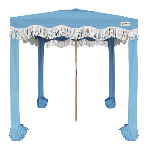 AMMSUN Beach Cabana with Fringe, 7' x 7' Boho Beach Canopy with Tassels, Easy Set up & Premium Wood Pole, Cabana Tent with Sand Pockets, Instant Sun Shade for Sand, Garden, Patio, Blue - color: Blue