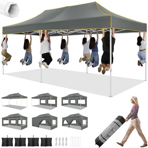 HOTEEL 10x20 Heavy Duty Pop up Canopy Tent with 6 Sidewalls, Easy Setup Outdoor Commercial Instant Gazebo for Parties Wedding Event, with Roller Bag & Sand Bags, Gray(Hexagonal Frame) - color: Dark Gray, size: 10x20ft (+6 Walls)