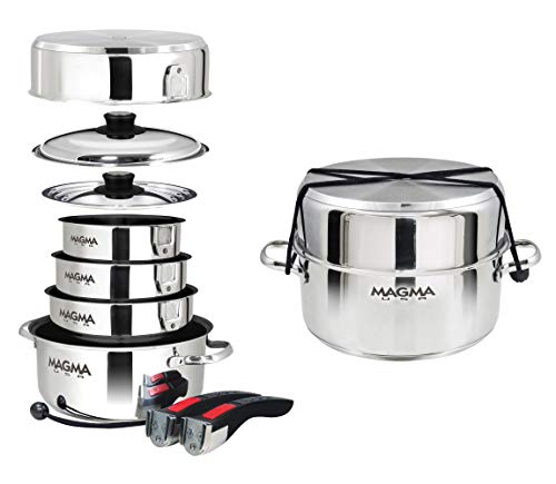 Magma 10 Piece Gourmet Nesting Stainless Steel Cookware Set with Ceramica Non-Stick, Induction Compatible, Oven Safe to 500°F - Suitable for All Stovetops, Removable Handles, Silver - color: Stainless Steel, style: 10 Piece, Non-stick