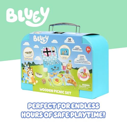 8th Wonder Wooden Bluey Toys Picnic Carrying Case, 30-Piece Picnic Basket Toy with Cutlery and Food Accessories, Outdoor Food Toys for Kids of Ages 3+ - style: Picnic Set