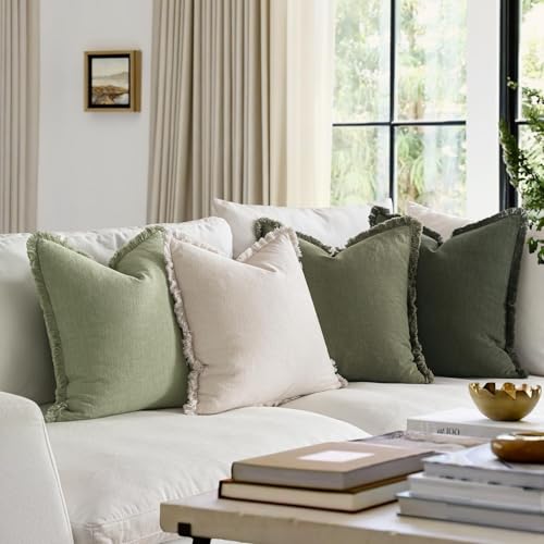 MIULEE Decorative Couch Pillow Covers Neutral Linen Fringe Throw Pillows Set of 4 Boho Farmhouse Soft Accent Cushions for Bed Sofa Living Room Spring Home Decor 22x22 Inch Beige/Sage Green - color: Sage Green, size: 22" x 22" (Pack of 2)