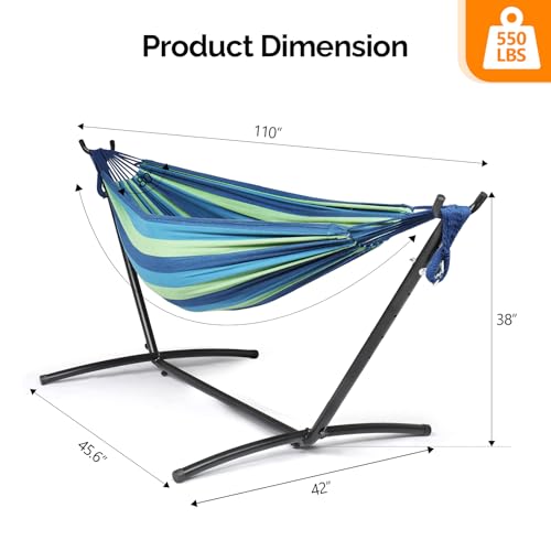 ONCLOUD 550 LBS Capacity Double Hammock with Stand Included with Portable Carrying Bag, Heavy Duty 2-Person Hammock for Outdoors & Indoors - Desert Stripe, Series TDCTZ1 - Blue Green Stripe