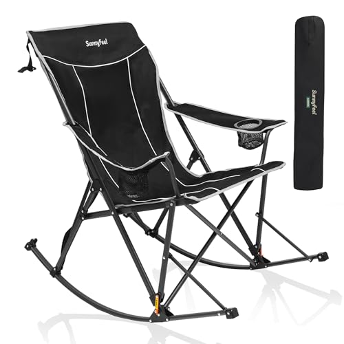 SUNNYFEEL Oversized Folding Rocking Camping Chair with Buckle Design Outdoor Rocker High Back Lawn Camp Rocker Chair with Cup Holder Heavy Duty 500 LBS for Outdoor/Camping/Lounge/Patio with Carry Bag - color: Black, size: 1 Pc
