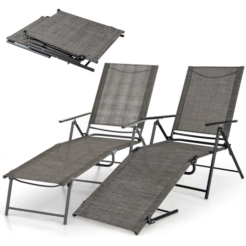 Giantex Lounge Chair Outdoor Set of 2 - Tanning Chair with 6 Adjustable Backrest, 2-Level Footrest, Folding Sunbathing Lounger for Patio, Poolside, Yard, Chaise Lounge Chair, Beach Chair (Brown) - color: Brown