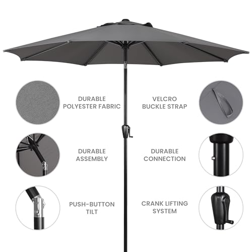 Sun-Ray 9' Round Patio Umbrella with Push-Button Tilt and Hand Crank Lift System, Market Umbrella for Porch, Deck, and Patio - color: Grey