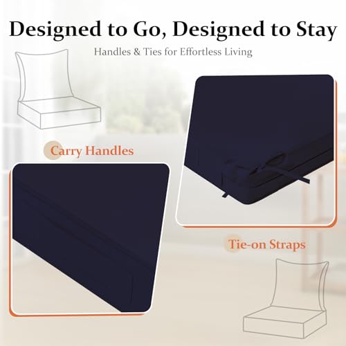 downluxe 24x24 Outdoor Chair Cushions, Waterproof Fade Resistant Patio Furniture Cushions with Handle & Removable Cover, Deep Seat Outdoor Cushions for Sofa, Couch and Patio Chairs, Navy - color: Navy, size: 24 x 24 Inch