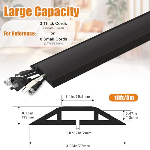 10 ft Cord Covers for Wires on Floor, Heavy Duty PVC Duct Floor Cord Cover, Floor Cable Cover Easy to Unroll Prevent Trip Hazard for Home Office or Outdoor Settings (Black) - size: 10 Feet - Black - 1 Pack