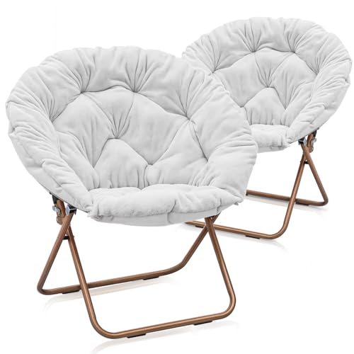MoNiBloom Round Folding Faux Fur Saucer Chair for Bedroom Living Room Dorm Foldable Metal Frame Oversized Large Comfy Furry Padded Soft Lounge Lazy Cozy Moon Chair for Adults (White, 2 Pieces) - color: White
