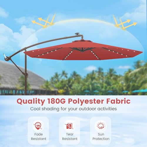 Tangkula 10FT Offset Patio Umbrella with Base Included, Outdoor Cantilever Umbrella with 40 Solar LED Lights, Tilt Adjustment, Crank Handle, Vented Top, Sand Bags for Pool Yard Deck (Burgundy) - color: Burgundy