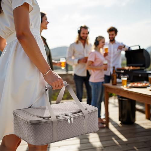 Insulated Casserole Carrier - Portable Casserole Carrier for Hot or Cold Food, Lasagna Holder for Parties,Picnic,Cookouts,Traveling - Fits 9" x 13" Baking Dish (Grey) - color: Grey