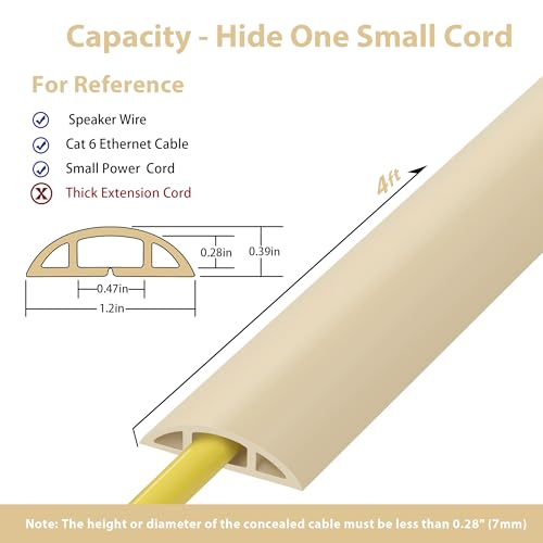 ZhiYo 4ft Cord Hider Floor for 1 Small Wire, Soft PVC Cord Covers for Wires on Floor, Wire Cover to Hide Power Cords, Cable Cover Protect Cords, Cable Cavity: W0.47in x H0.28in Ivory Beige - color: Ivory Beige, size: W1.2'' x L4'