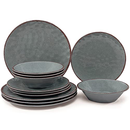 LEHAHA Rustic Farmhouse 12 Piece Melamine Camping Dinnerware Set, Plates and Bowls Sets, Indoor and Outdoor Use, Lightweight and Unbreakable Kitchen dishes Set for 4(Grey) - color: Gray