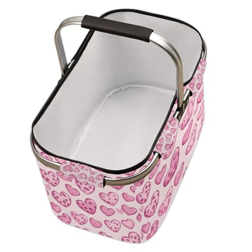 Pink Love Heart Picnic Basket Leopard Large Collapsible Market Baskets Portable Reuasble Shopping Bags with Handles for Camping Beach Travel - color: Ivory