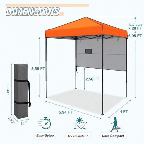 EAGLE PEAK 6x4 Instant Pop Up Canopy Tent with 1 Half Wall Panel, Straight Leg Sun Shelter, Portable Canopy with Carry Bag for Camping, Beach & Sports, Orange - color: Orange, size: Half Wall