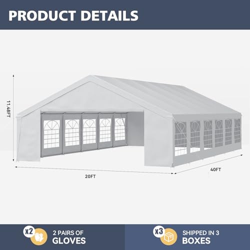 Party Tent 40x20 Canopy Heavy Duty, Waterproof Outdoor Event Tent with Removable Sidewalls & Roll-Up Door, Portable Carport for Wedding, BBQ, Camping, Birthday Party - size: 40x20ft