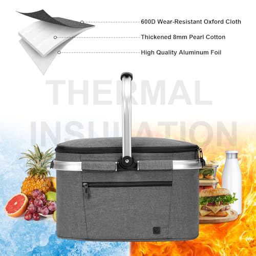 ALLCAMP Insulated Cooler Bag Portable Collapsible Picnic Basket Cooler Bag Collapsible, Leakproof, Lightweightwith Sewn in Frame (Medium Gray) - color: Gray, size: Medium