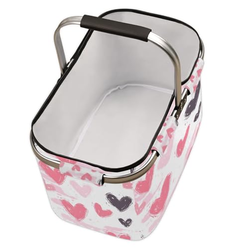 Hearts Picnic Basket Large Collapsible Market Baskets Portable Reuasble Shopping Bags with Handles for Camping Beach Travel - color: Blue