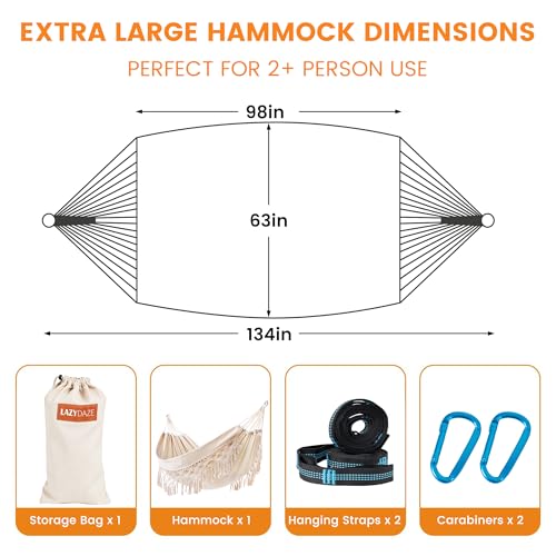 Lazy Daze Hammocks Double Brazilian Cotton Hammock, Extra Large Portable Outdoor Camping Hammock with Tree Straps & Travel Bag for Backyard Patio Poolside Indoor, 550lbs Capacity, Beige - color: Beige