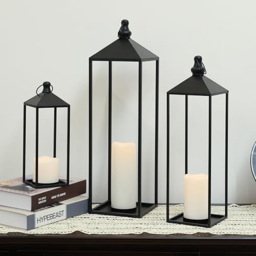 LED Lanterns Decorative Indoor&Outdoor, 23’’ 19’’ 13’’ Large Black Candle Lanterns Set with 3 Flameless Candles, Metal Holders for Porch, Patio, Garden, Home, Fireplace, Decorations Decor - color: 23‘’ + 19‘’ + 13‘’ / Timer