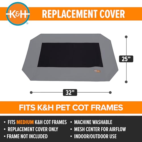 K&H Pet Products Dog Cot Replacement Cover, Designed to fit K&H Medium Pet Cots (Sold Separately), Indoor Outdoor, Breathable Cooling Mesh Center, Machine Washable - Medium 32 X 25in Gray - color: Gray/Black Mesh, size: Medium 32 X 25 Inches