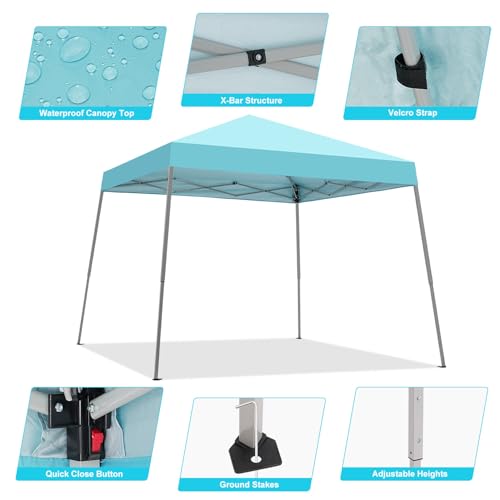 Canopy Tent, 10X10 FT Pop Up Canopy Outdoor Instant Tent Slant Legs with Carrying Bag, Portable Gazebo Shelter for Patio Deck Garden and Beach - 8X8 FT Canopy Cover (Cyan Blue) - color: Cyan Blue