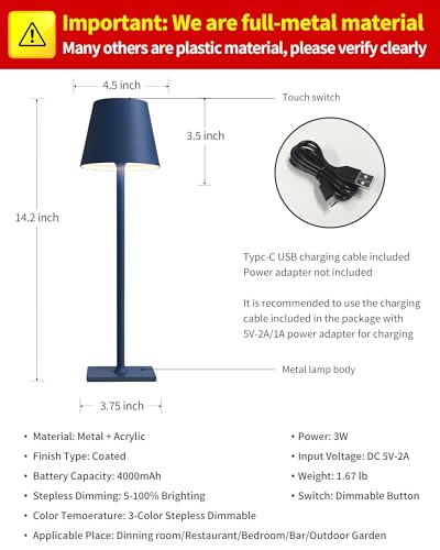 KDG 2 Pack Cordless Table Lamp,Portable LED Desk Lamp, 4000mAh Battery Operated, 3 Color Stepless Dimming Up, for Restaurant/Bedroom/Bars/Outdoor Party/Camping/Coffee Shop Night Light(Blue) - color: Blue-2