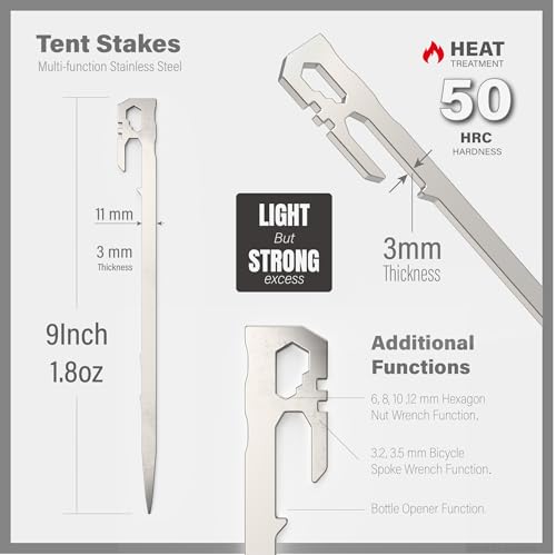 Tent Stakes 6-PCS - Camping Essentials for Tent Camper. Stainless Steel Heavy Duty Ground Stakes, Light Weight Camping Essentials, 11 inch 2.47 oz, Tent Accessories by LI JIU® (9 Inch 6 Pcs) - size: 9 Inch 6 Pcs