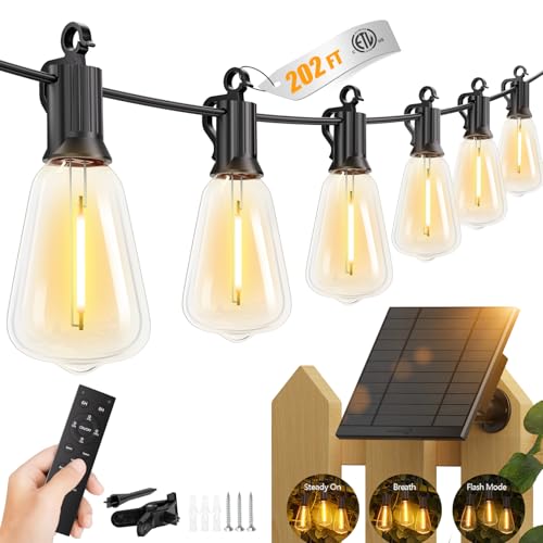 Brightown 202FT Solar String Lights Outdoor Waterproof with Remote, 65+2 LED Shatterproof Bulbs, Dimmable & Timable, 3 Light Modes - Commercial Grade Patio Lights for Garden Backyard Party Decor - size: 202FT(65 Sockets)