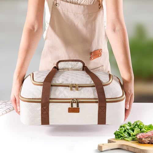 BAGSPRITE Insulated Casserole Carrier for Hot or Cold Food with Heat-resistant Mat, Casserole Dish Carrier Insulated Food Carrier, Hot Food Carrier, Foil Pan Carrier Fits 9" x 13" Baking Dish - color: Ivory, size: Style A
