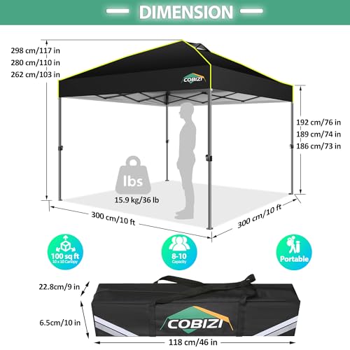 COBIZI Canopy 10x10 Pop Up Canopy Tent 1-Button Push Easy up Outdoor Canopy Instant Portable Commercial Shelter Waterproof UPF50+ Gazebo with Reflective Strip, Air Vent & 4 Sandbags,Black - color: Black(1-year warranty), size: 10x10ft With No Sidewalls