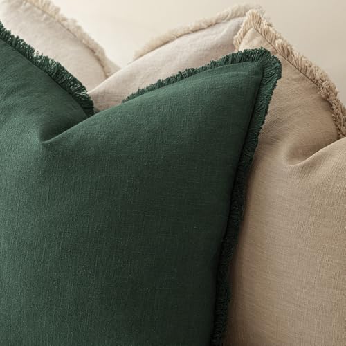 Foindtower Decorative Linen Fringe Throw Pillow Covers Cozy Boho Farmhouse Cushion Cover with Tassels Soft Accent Pillowcase for Chair Sofa Bed Living Room Home Decor, 16×16 Inch,1PC,Pine Green - color: Abundant Green, size: 16" x 16" (Pack of 1)