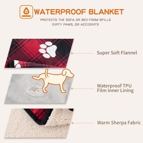 Waterproof Dog Blankets Pet Blanket 60"x80", Soft Fluffy Sofa Car Bed Protector, Reversible Sherpa Fleece Dog Blanket for Large Dogs Christmas Decor(Paw Red) - color: Paw Red, size: 60"x80"
