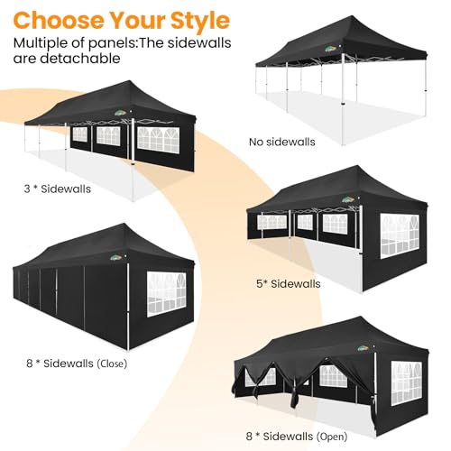 COBIZI 10x30 Pop up Canopy with Roller Bag & 8 Removable Sidewalls, Canopy Tent for Parties, Wedding, and Commercials, Waterproof and Instant Shelter UV50+ Outdoor Gazebo with 4 Sandbags(Pure Black) - color: Pure Black, size: 10x30FT