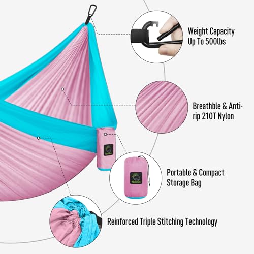 Grassman Camping Hammock Double & Single Portable Hammock with Tree Straps, Lightweight Nylon Parachute Hammocks Camping Accessories Gear for Indoor Outdoor Backpacking, Travel, Hiking, Beach - color: Pink & Blue, size: One Person