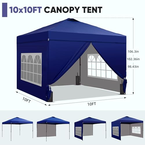 GDY 10x10 Pop Up Canopy Tent with 4 Sidewalls, Easy Set up with One Push Lift Outdoor Silver Coated Beach Gazebos, Carpas with 4 Sandbags, for Events, Parties,Camping, Navy Blue. - color: Navy Blue, size: 10x10 with 4 Sidewall
