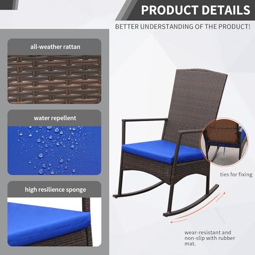 Oasishine Rocking Chair Outdoor 3 Pieces High-Backed Patio Rocking Chairs Bistro Table and Chairs Set of 2, Royal Blue - color: Royal Blue