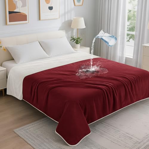 LOOBANI Waterproof Blanket for Bed: Reversible Soft Flannel Queen Bed Blanket 80" x 90", Waterproof Dog Blankets for Large Dogs, Spill-Proof Cover for Furniture Protection, Movie Time, Red - color: Red, size: 80" x 90"
