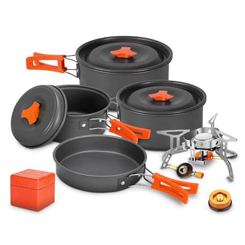 Smokey Camp Camping Cookware Mess Kit Set with Stove - Backpacking Camping Pots and Pans Set, All in One Non-Stick Camping Cooking Set, Portable Stove, Hiking, Picnic, Outdoor & Camping Cookware Set - style: 1.2+2.0+3.3 Liter Pot