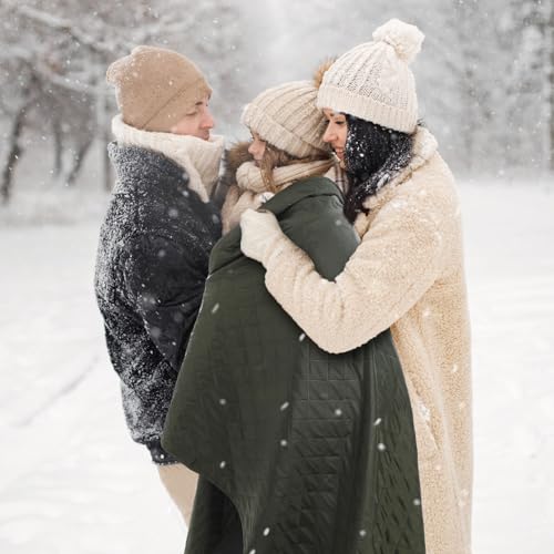 Tranqun 2 Large Outdoor Blanket 78'' x 55'' Quilted Windproof Waterproof Fleece Sandproof Stadium Foldable Warm Blanket for Camping Picnic Sporting Events Cold Weather (Military Green) - color: Military Green