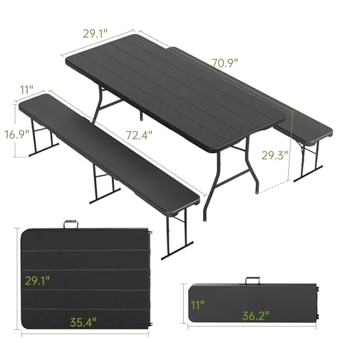 Real Relax 6' Picnic Table with 2 Benches, 3 Piece Black Wood Grain Portable HDPE Folding Camping Table and Benches for Courtyard, Garden, Outdoor Leisure, Party - color: Black