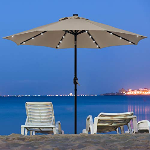 Yaheetech 9FT Solar Powered Patio Umbrella - UV Protection Market Table Umbrella w/ 32 LED Lights & Push Button Tilt & Crank Lift System for Garden/Lawn/Deck/Backyard/Pool,Tan - color: Tan, size: 9ft
