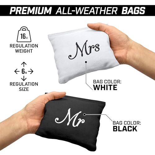 GoSports Wedding Theme Cornhole Bag Set - Includes 4 Black Mr Bags and 4 White Mrs Bags