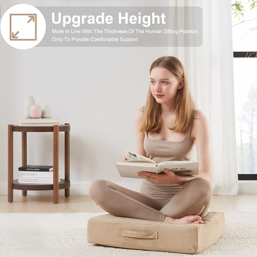 JKMAX 22 inches Floor Pillow for Adults - Large Meditation Cushion with Thick Foam & Soft Tufted Cover - Premium Outdoor Square Floor Cushion Seat - Yoga Pillows for Sitting On Floor - Khaki - color: Khaki, size: 1 Count