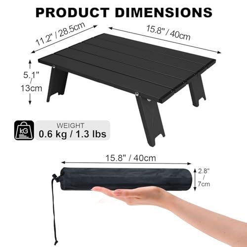 Small Folding Camping Table, Ultralight Portable Mini Beach Table with Carry Bag, Compact Low Side Picnic Tables Aluminum for Beach Camping, Black - color: Black