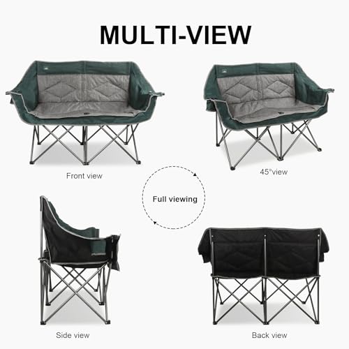 Northroad Folding Loveseat Camping Chair Portable Double Duo Full Padded Garden Chair for 2 Person Sofa w/ 2 Cup Holder,Wine Glass Holder,Mesh Storage,Support 600lbs for Picnic Beach Travel - color: Dark Green