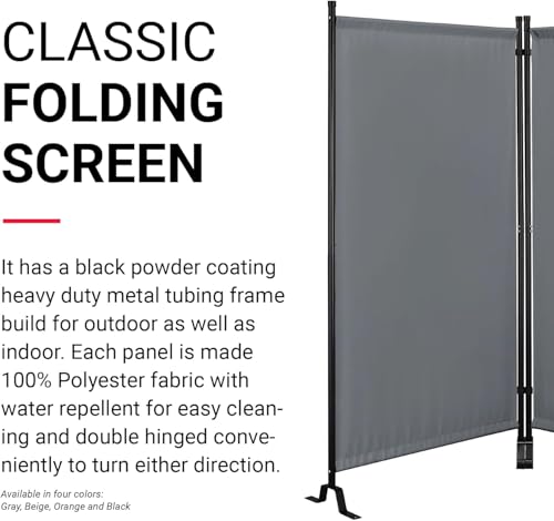 Proman Products - Galaxy 2 Panel Section Privacy Folding Screen Divider, Water Repellent Fabric Room Divider with Black Powder Coated Metal Frame for Indoors or Outdoors (Gray) - color: Grey, size: 2 Panel